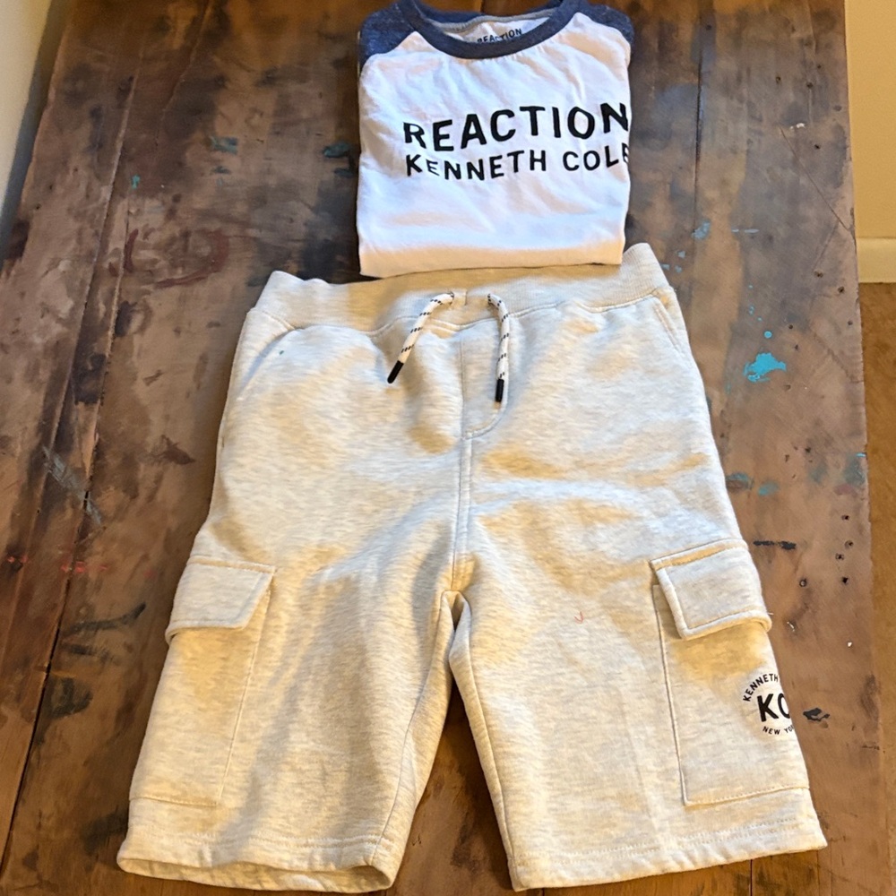 Kenneth Cole Reaction White & Navy Raglan Tee with Light Gray Cargo Shorts